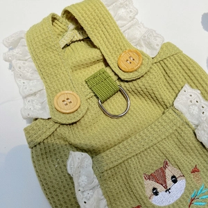 Detail von grünem Haustier-Geschirrkleid aus Waffelstrick mit Spitze und Stickerei