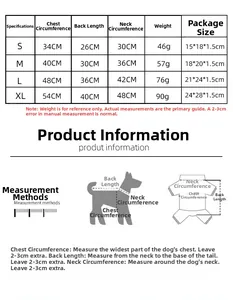 Tableau des tailles pour harnais et vêtements pour chiens du S au XL avec guide de mesure