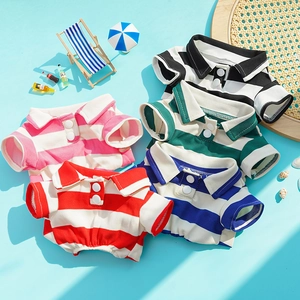 Summer striped pet polo shirts in five colors displayed on a beach themed background