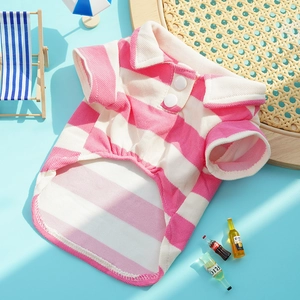 Close-up of pink and white striped pet polo shirt with mesh fabric texture and polo collar