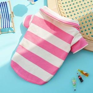 Detailed view of pink and white striped mesh cotton pet polo shirt for small dogs