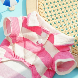 Close-up of pink and white striped pet polo shirt with breathable mesh fabric details