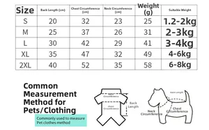 Detailed size chart for pet dog vest with neck, chest, and back length measurements