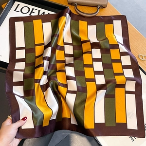 Silk square scarf with geometric color block design in yellow and olive green