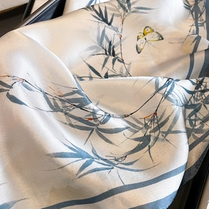 Luxury 100% mulberry silk square scarf featuring elegant ink bamboo and butterfly print