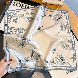 100% Mulberry silk square scarf featuring elegant bamboo leaf and butterfly prints