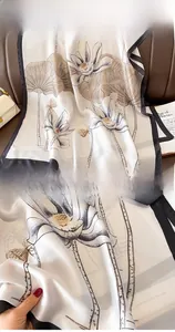 Detail showing reactive carbon dyeing and precision stitched edges on floral silk scarf