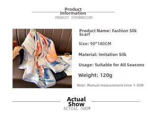 Detail chart of 90x180cm faux silk shawl with orange and blue floral pattern details