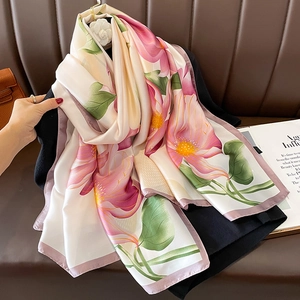 Floral print lightweight beach shawl with pink lotus pattern and soft silk texture