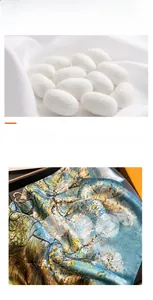 Detail eines Premium-Seidenschals mit floralem Kunstdruck im Van-Gogh-Stil und Kokons