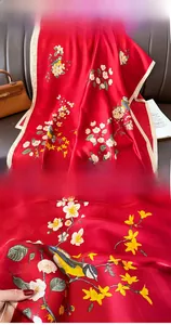 Detailed view of red silk scarf showing intricate floral patterns and neat edge stitching