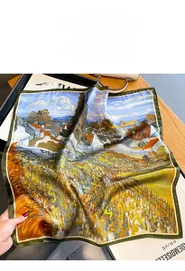 Detail of silk square scarf featuring artistic oil painting landscape and green rolled hem