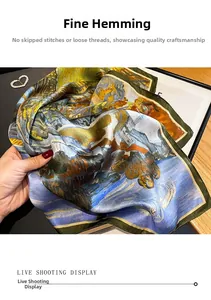 Detail of artistic oil painting silk scarf featuring exquisite hand-rolled edges finish