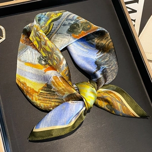 Elegant Women Square Scarf Mulberry Satin Van Gogh Oil Painting Art Print Lightweight Soft Neck Kerchief Accessory
