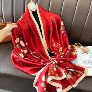 Red silk shawl featuring white camellia and bird prints with beige contrast edges