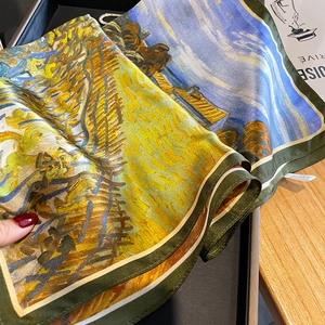 Artistic silk square scarf with Van Gogh Wheatfield oil painting print and vibrant colors