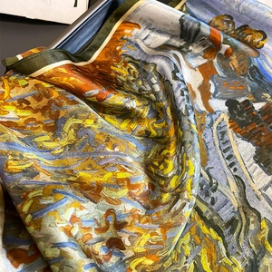 Silk square scarf featuring Van Gogh style oil painting print with elegant rolled edges