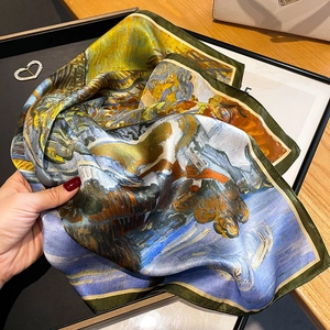 Elegant silk scarf featuring Van Gogh style oil painting print with high glossy finish