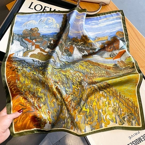 Elegant silk square scarf with Van Gogh Wheatfield oil painting print for women