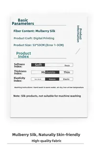 Detail specifications of a 100% mulberry silk scarf measuring 53x53cm with digital printing