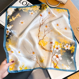 Elegant mulberry silk square scarf featuring Chinese floral prints and a blue border