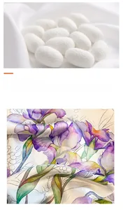 Macro detail of mulberry silk fabric with purple iris floral print and natural white cocoons