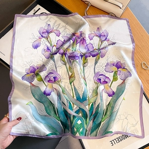 Elegant silk scarf with purple iris print and soft satin finish for a luxury look