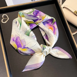 Vintage Iris Floral Print Mulberry Satin Square Scarf Elegant Neck Kerchief For Women Lightweight Satiny Headscarf