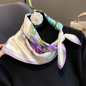 Elegant mulberry silk square scarf with purple iris floral print on cream background