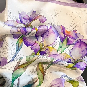Elegant purple iris printed silk scarf with satin finish and smooth glossy texture