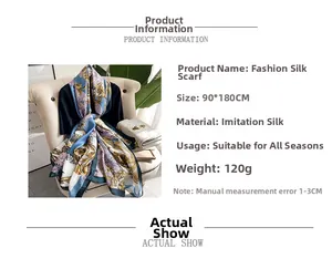 Detail view of floral print silk scarf with 90x180cm size and premium fabric specs