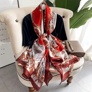 Baroque Floral Print Faux Satin Scarf Long Sun Protection Shawl Vintage Elegant Wrap For Women Lightweight