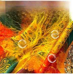 Close-up of printed faux silk scarf showing golden tree pattern and smooth fabric texture