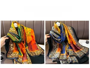 Detail shot of vintage baroque print silk scarves in green-orange and blue-yellow combos