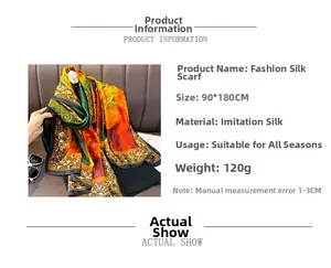 Detail of 90x180cm faux silk scarf featuring vibrant multi-color patchwork print