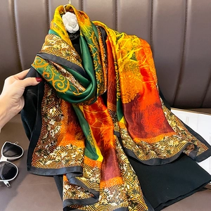 Women Artistic Print Satin Like Scarf Elegant Floral Tree Of Life Satin Shawl Luxury Vintage Lightweight Wraps