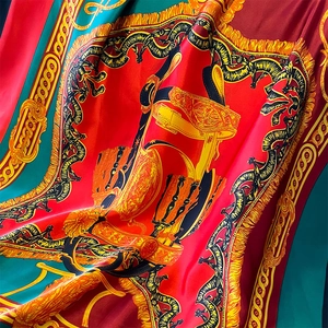 Luxurious vintage floral silk scarf featuring equestrian motifs in red and green colors