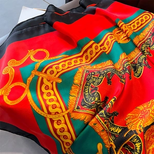 Vintage floral silk scarf with red and green horse elements and classic golden chain pattern