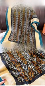 Detailed view of geometric pattern scarf with precision hemmed edges and silk texture