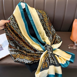 Luxury Geometric Print Faux Satin Scarf Long Shawl For Women Elegant Retro Thin Satin Wrap All Season Neck Guard