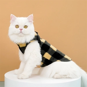 Gros plan d'un chat blanc portant un gilet en polaire à carreaux jaune et noir pour l'hiver