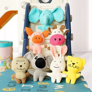 Set of seven colorful corduroy plush pet toys in various cute animal shapes for dogs