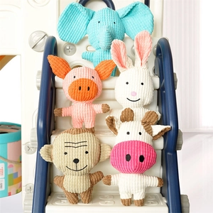 Detailed set of five plush cartoon animal squeaky toys made from durable corduroy fabric