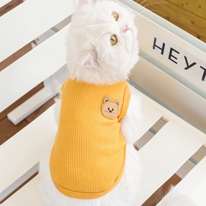 Breathable yellow waffle knit pet vest with cute embroidered bear for small dogs and cats