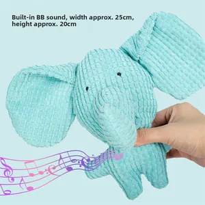 Blue corduroy elephant plush dog toy with internal squeaker, size 25cm by 20cm