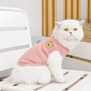 Pink waffle knit pet vest with cartoon bear patch on white cat in cozy home setting