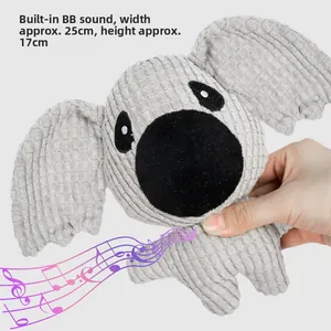 Gray corduroy koala dog toy with squeaker, dimensions 25cm width and 17cm height