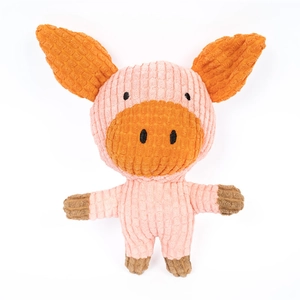 Close-up of pink corduroy plush pig toy featuring detailed embroidery and soft texture