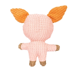 Detail of multi-color corduroy plush dog toy with textured pink and orange fabric