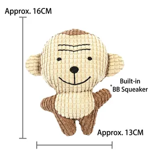 Detail view of monkey plush dog toy with corduroy texture and 16cm height dimension